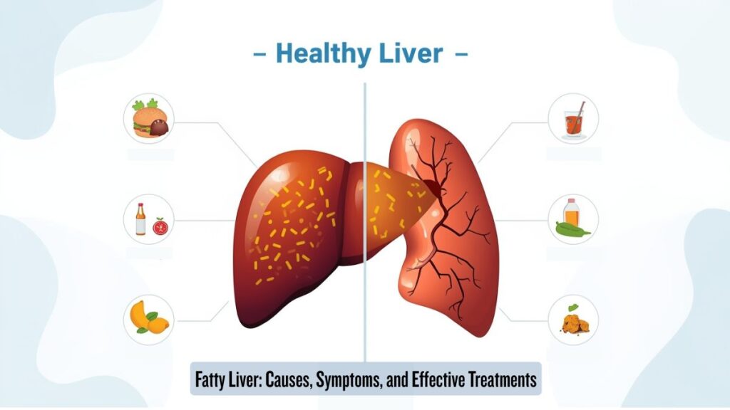 Healthy liver and fatty liver comparison showing causes, symptoms, and treatments