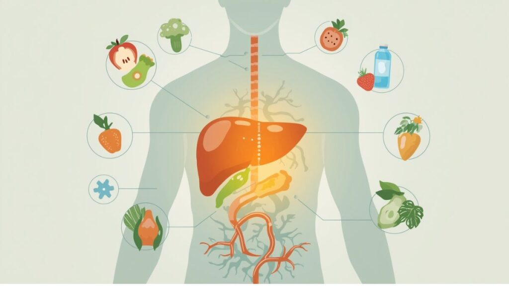 Healthy liver illustration with lifestyle tips for preventing hepatitis naturally