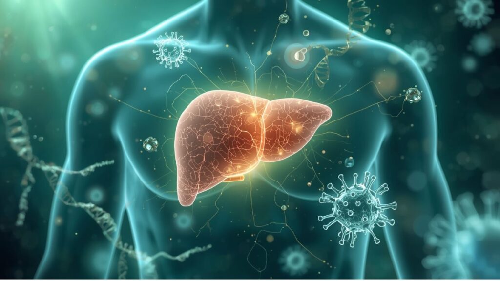 Healthy human liver glowing with vitality, DNA strands, immune cells, natural liver restoration, scientific healing illustration